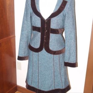 Nanette Lepore Turquoise Brown Tweed Velvet Suit 6